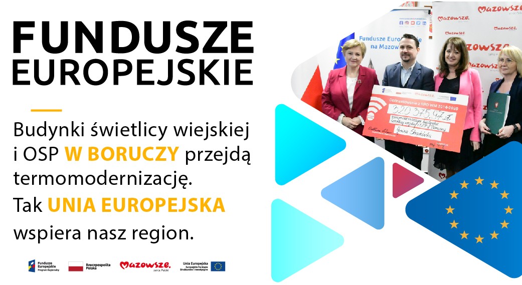 Na grafice widnieje hasło: Budynki świetlicy wiejskiej i OSP w Boruczy przejdą termomodernizację. Tak Unia Europejska wspiera nasz region.