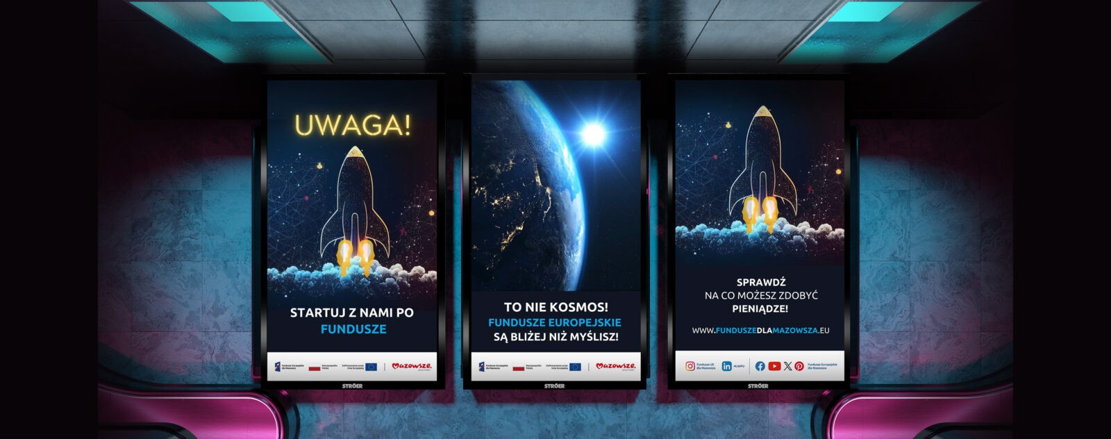 Grafika przedstawia wizualizację reklam w metrze warszawskim, na trzech panelach widnieją rakiety, planeta Ziemia i napisy "startuj z nami po fundusze.