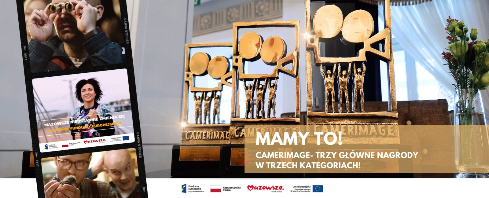 Grafika przedstawia napis MAMY TO! Camerimage – trzy główne nagrody w trzech kategoriach. W tle widać statuetki i kadry filmowe.